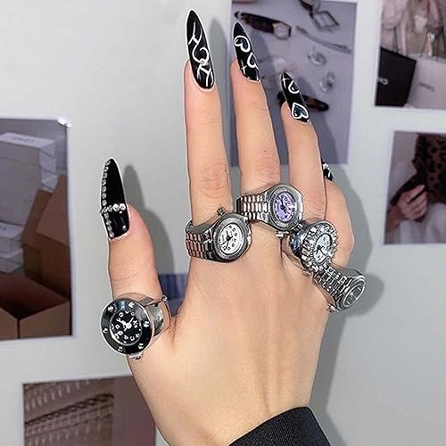 Miniatura 7 de 5 piezas de relojes anillos de cuarzo anillos unisex anillo reloj correa elástica ajustable anillo de dedo pareja mujeres hombres anillo de moda,