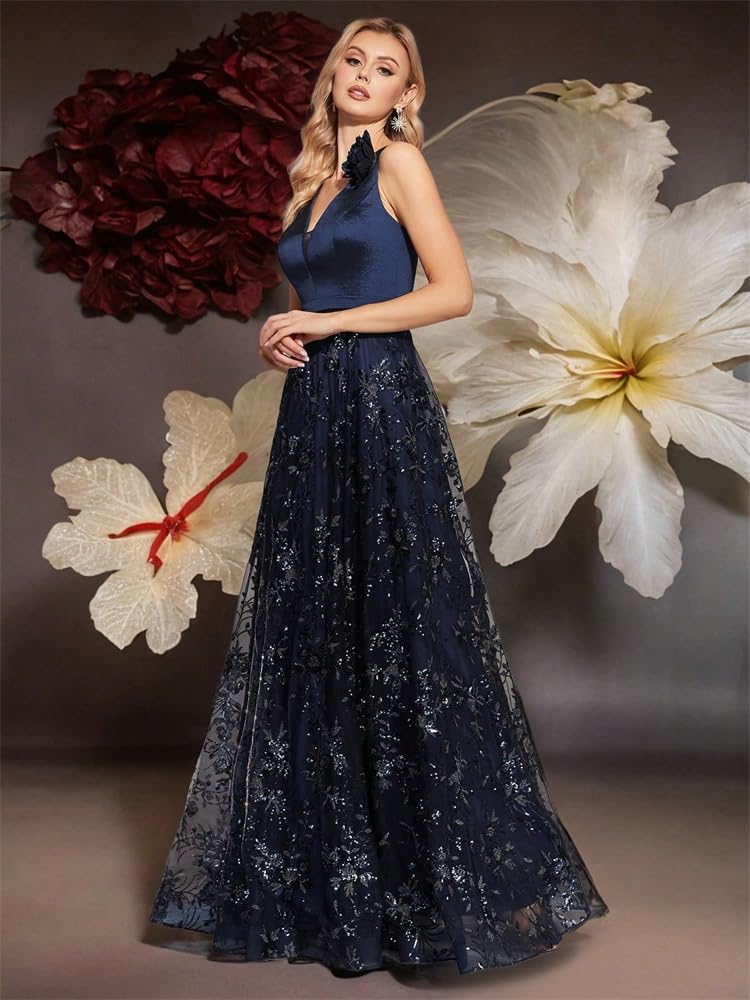Vestido de Graduación para Mujeres Elegante Vestido de Noche con Escote en V y Flores Doradas, Largo de Gasa sin Mangas for Mujer, Vestido de Fiesta, Vestido de cóctel de graduación(Blue,S)