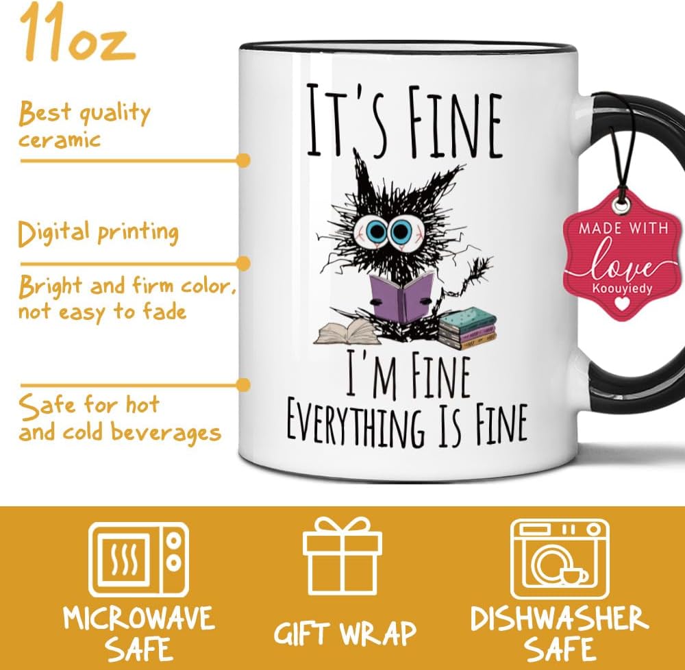 Funny Black Cat Coffee Mug Gifts for Teacher It’s Fine Everything is Fine, Christmas Birthday Gifts for Cats Lovers, Funny Cat Lover Gift for Teacher 11OZ - Image 3