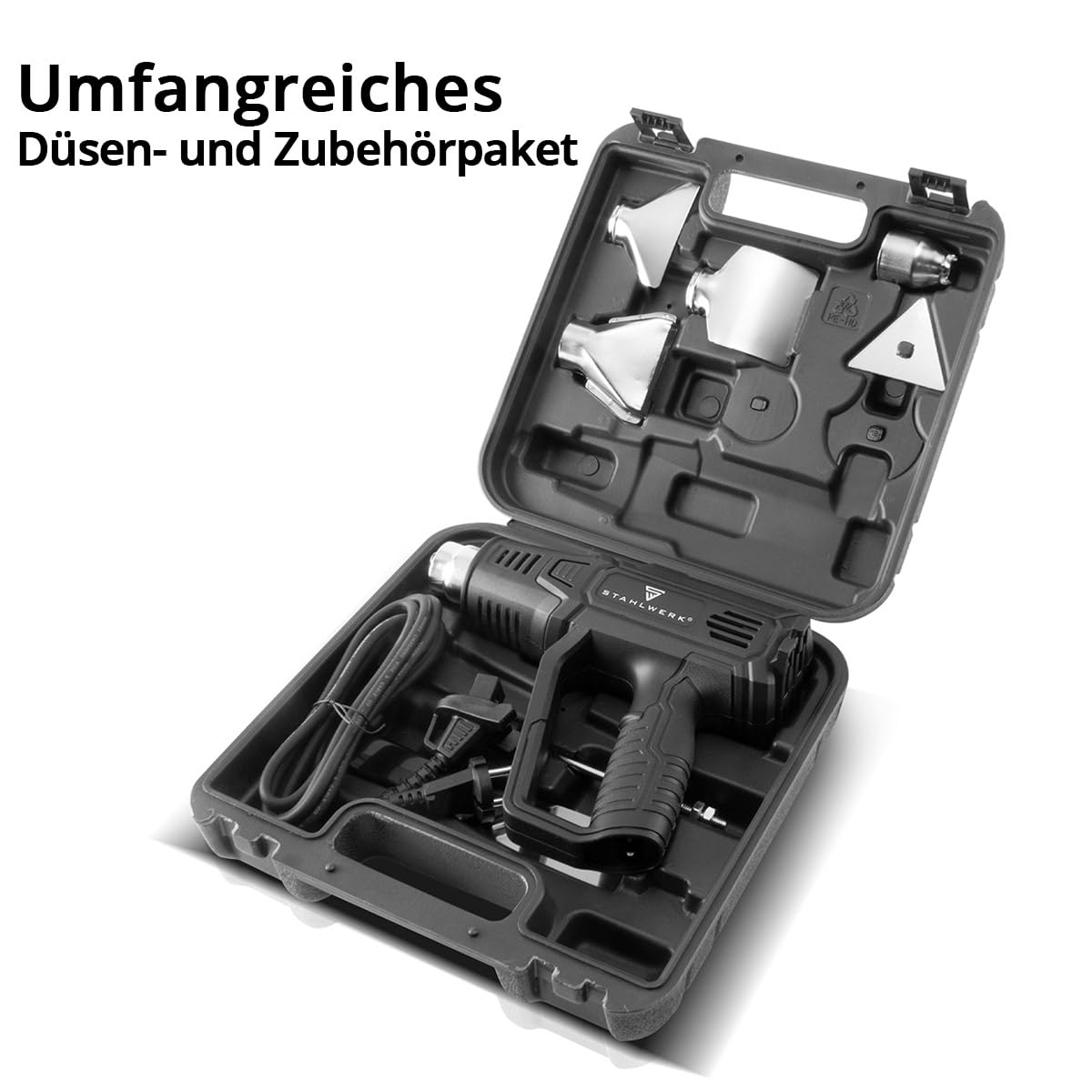 STAHLWERK Heißluftpistole mit digitalem Temperaturregler 50 – 600 °C (HP-2000 Pro) – Heißluftfön Zubehörpaket, 2.000 Watt, Heißluftgebläse zum Entlacken, Verschweißen, Schrumpfen, Fügen und Folieren