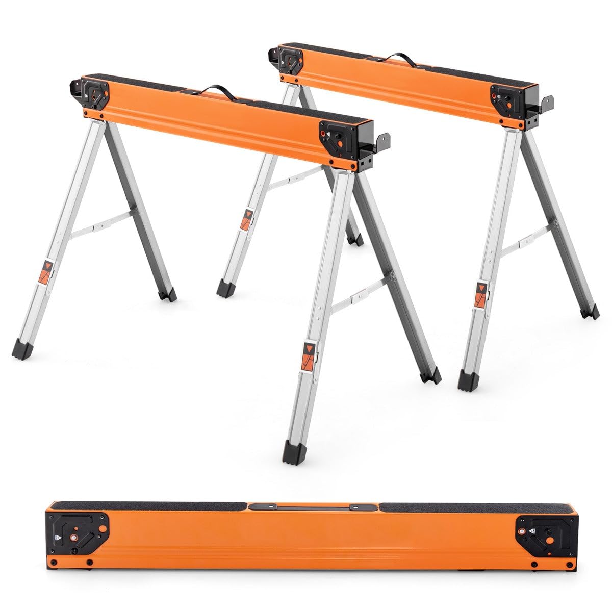 2 caballetes plegables para aserrado 106 x 76 x 59 cm, carga 500 kg, superficie antideslizante de metal naranja 20_0018377