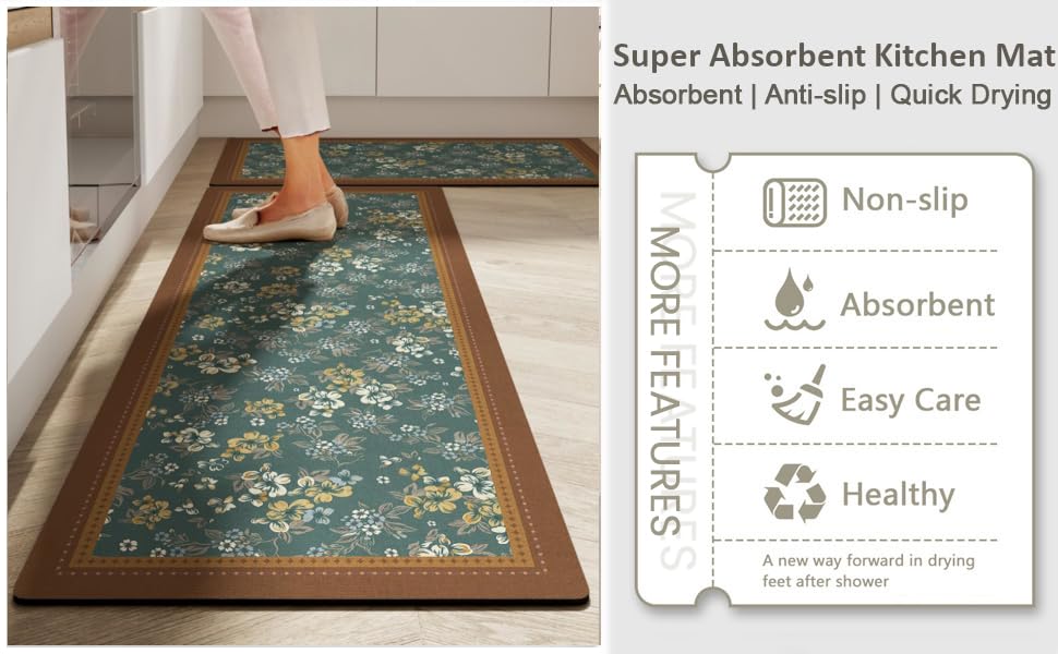 Image of YAGVIZ Non-Slip Kitchen Floor Mats, Water Absorbent, Rugs,Standing Rubber Mats for Kitchen, Office, Sink and Laundry Room, Hallway, Floral Design Carpet
