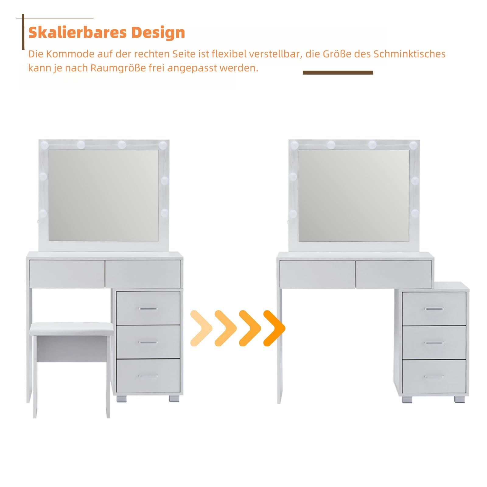 CLIPOP Schminktisch mit Spiegel und Beleuchtung,Verstellbare Helligkeit,Make-up Tisch mit 5 Schubladen und Dehnbarem Nachttisch,Modernes Frisiertisch Kosmetiktisch Hocker Set Schlafzimmermöbel
