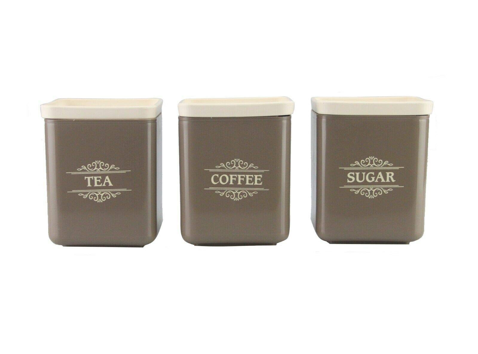 3 Piece Tea Coffee Sugar Canister Set 1300ml Large Plastic Square Storage JAR CONTAINERS, Brown