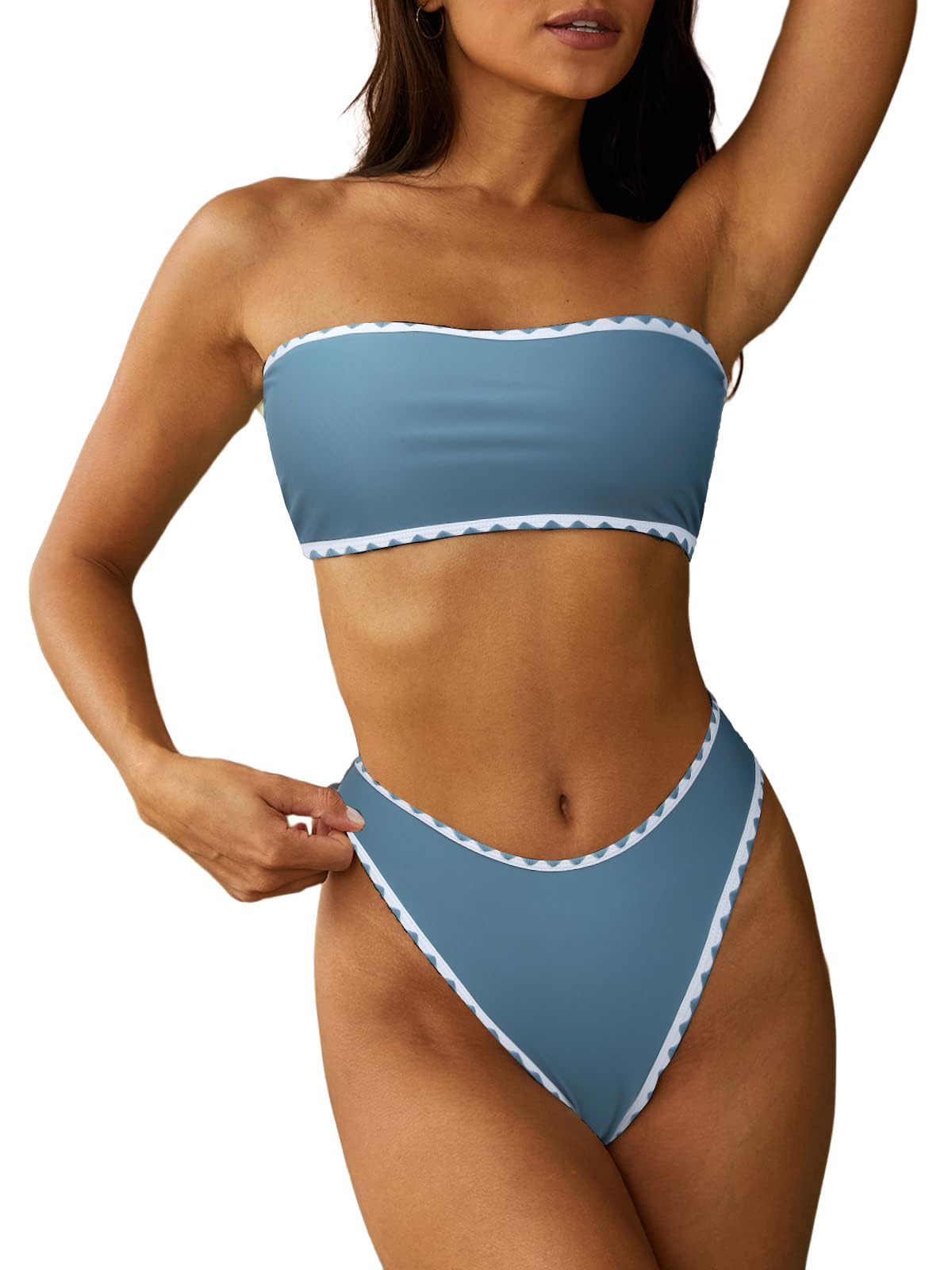 ZAFUL Women Strapless Textured Bandeau Bikini 2 Piece Swimwear Cheeky Solid Lace up Bathing Suits