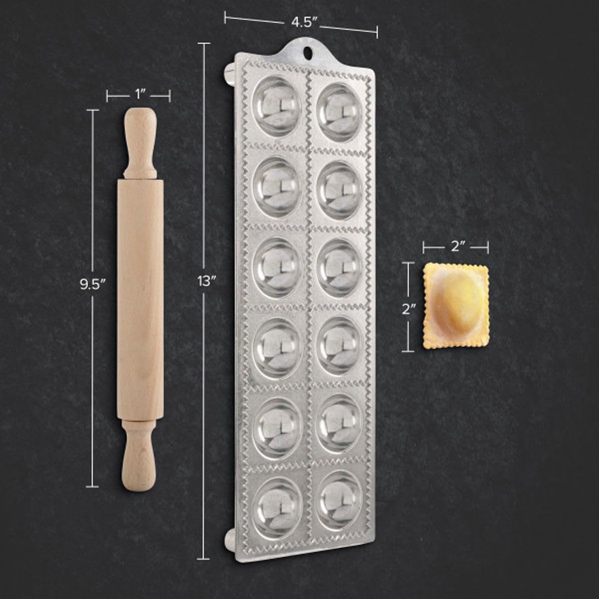Kings County Tool - Molde redondo para raviolis | Produce forma redonda de 2 pulgadas | Fácil de usar | Rodillo de madera para pasta incluido | Inserto de pie de goma antideslizante | Necesidad de