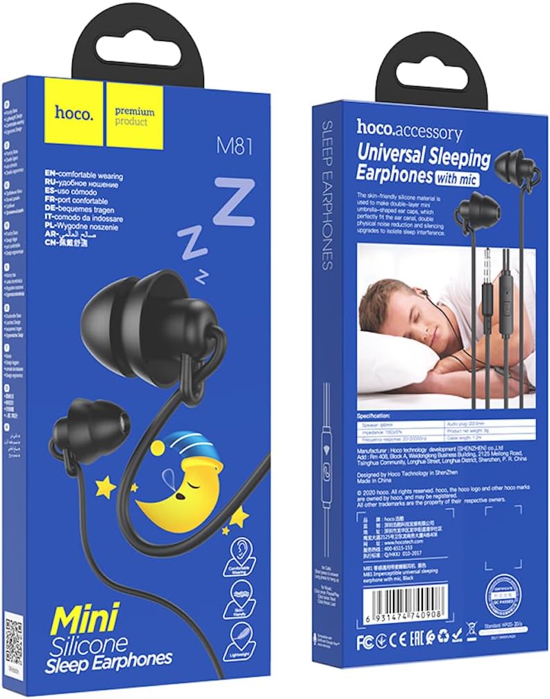 HOCO M81 earphones connected to a smartphone on a laptop