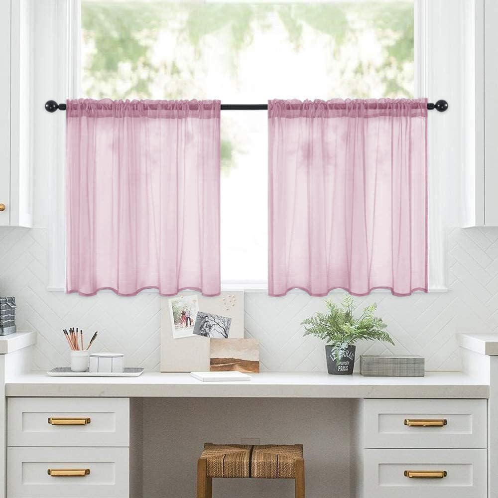 Treer 2 Panels Kitchen Curtains Short for Small Window, Semi Transparent Voile Curtains, Net Sheer Valance with Rod Pocket for Cafe Bathroom Sink Cupboard Living Room Decor (Pink,52x18in)