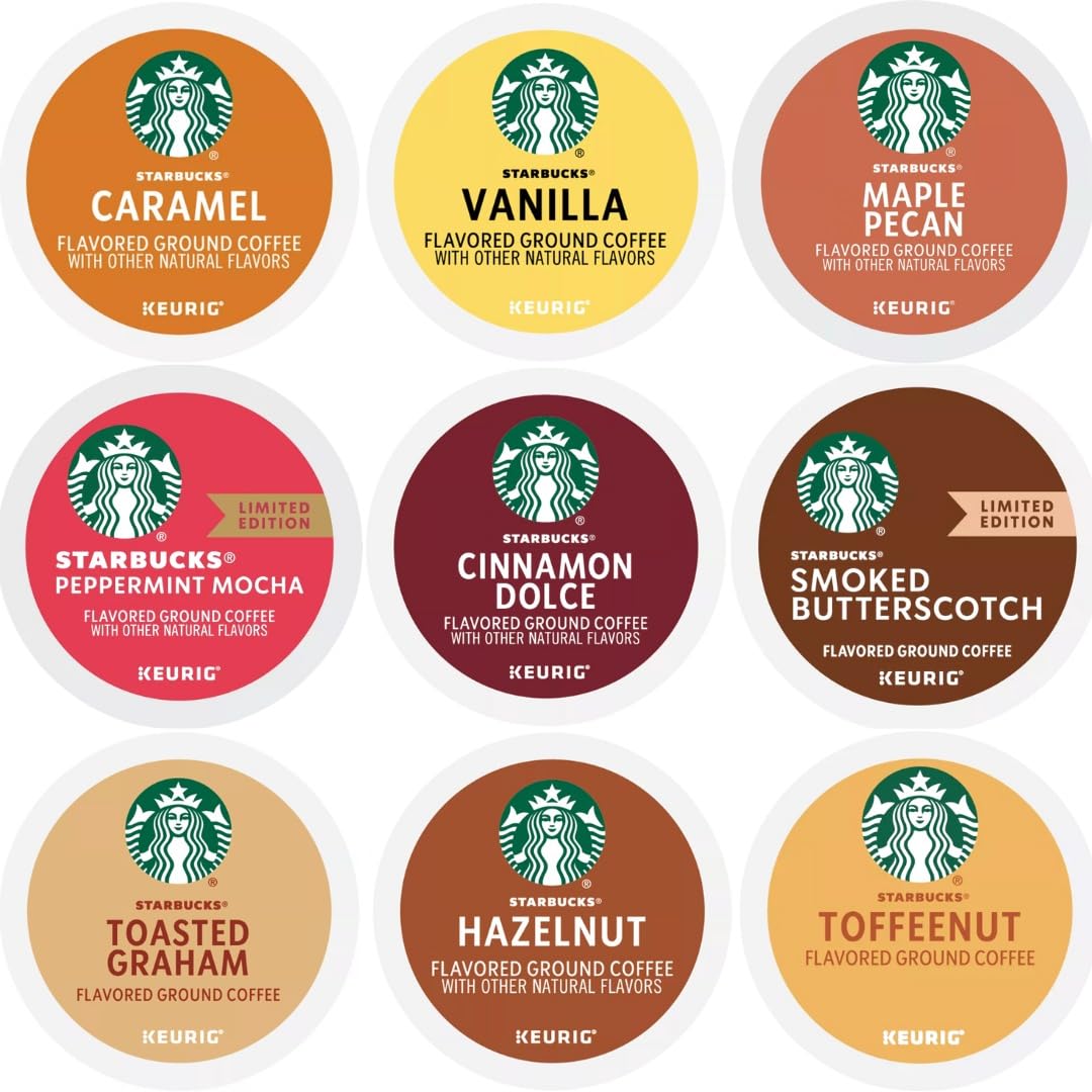 Starbucks K-Cups Flavored Sampler – Caramel, Vanilla, Maple Pecan, Peppermint Mocha, Cinnamon Dolce, Smoked Butterscotch, Toasted Graham, Hazelnut, And Toffeenut