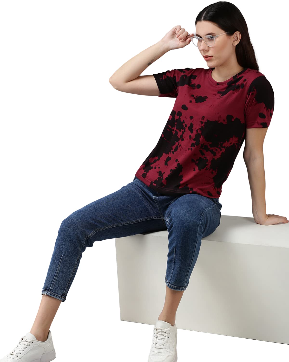 JUNEBERRY® Cotton Blend Regular Fit Half Sleeves Round Neck Tie & Dye T-Shirt for Women (Maroon) 4