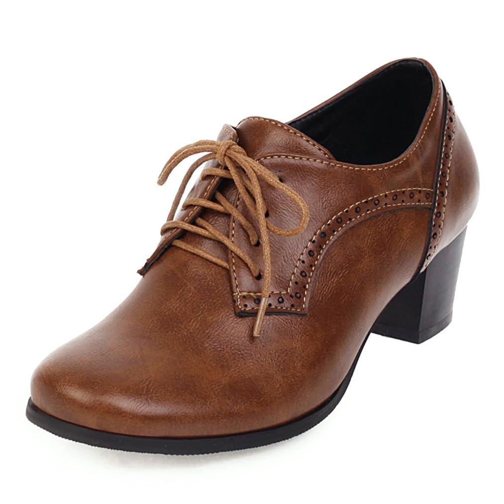 Womens Closed Toe Chunky Block Heel Oxfords Wingtip Lace Up Mid Heel Pumps Vintage Brogue Dress Shoes