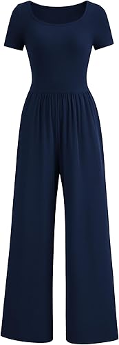 PRETTYGARDEN Women's Summer One Piece Jumpsuits Dressy Casual Short Sleeve Square Neck Wide Leg Jumpsuit Rompers