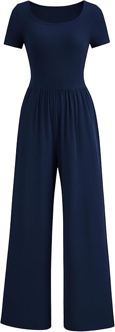 PRETTYGARDEN Women's Summer One Piece Jumpsuits Dressy Casual Short Sleeve Square Neck Wide Leg Jumpsuit Rompers