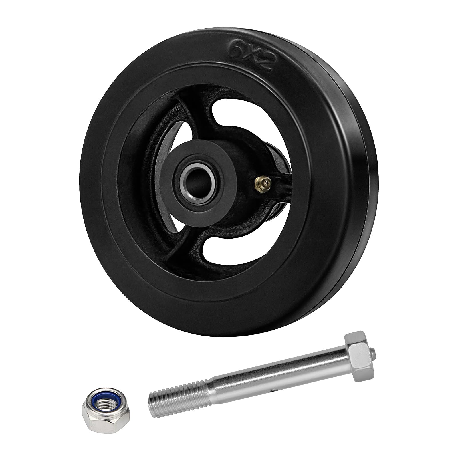 LONGRUNFORU 6”x 2”Industrial Casters, Black Rubber Tread on Cast lron Wheel, Roller Bearing-1/2" Bore, 600 lbs Capacity Per Wheel(1 Pack)
