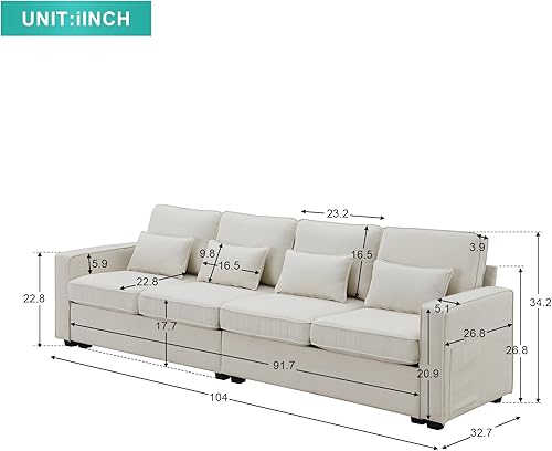 Miniatura 2 de Harper & Bright Designs Sofá tapizado con bolsillos para reposabrazos, sofá de 4 plazas con 4 almohadas, sofá de estilo minimalista para sala de