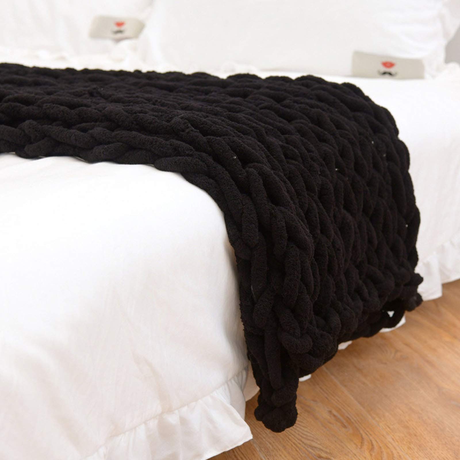 BWBG Chunky Knit Throw Blanket black, Knitted Weighted Blanket Adult 100% Hand Made Soft Cozy Chenille Casual Roving Warm Knitting Throw For Bedroom Decor Chair Sofa Pet Mat-50x50cm