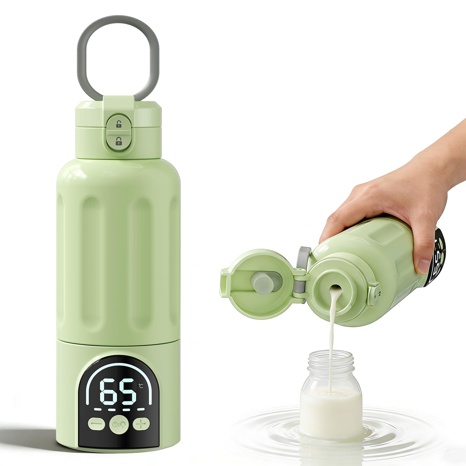 Scaldabiberon, Riscaldamento Rapido e Lunga Durata della Batteria 12000mAh, Controllo della Temperatura, 500ml Scaldabiberon per Tutto il Giorno per Latte Materno, Formula o Acqua (Verde)