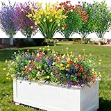 LUZOGA 12 Bundles 6 Styles Artificial Flowers for Outdoors, Fake Grass with Plastic Flowers UV Resistant Faux Shrubs Greenery for Spring Summer Garden Patio Window Box (Camellia Lavender Eucalyptus)