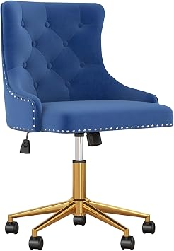 Velvet Armless Home Office Desk Chair, Swivel Height-Adjustable Small Cute Vanity Chair for Women/Girls, Comfy Makeup Chair with Rivet and Gold Base for Living Room, BedroomBlue