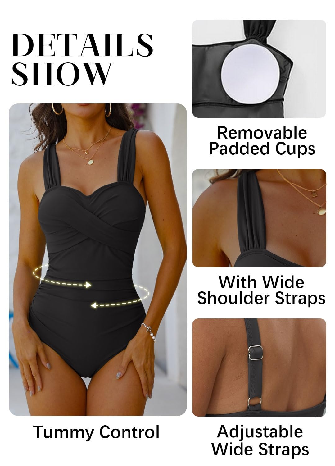 Yutdeng Jednoczęściowy kostium kąpielowy damski, wyszczuplający brzuch, wysoka talia, jednoczęściowy, moda kąpielowa, push up, seksowny, monokini z dekoltem w kształcie litery V, szerokie ramiączka