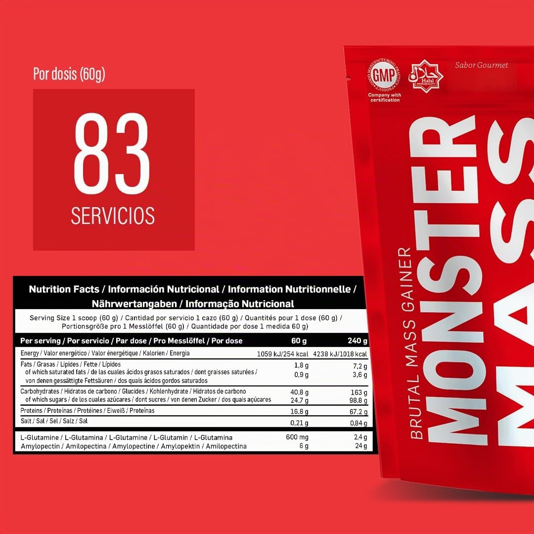 Beverly Monster Mass - Proteína de suero whey mas hidratos de carbono y glutamina - 5 Kg - 83 servicios - Masa muscular y fuerza. Excelente sabor y disolución. Sabor (VAINILLA)