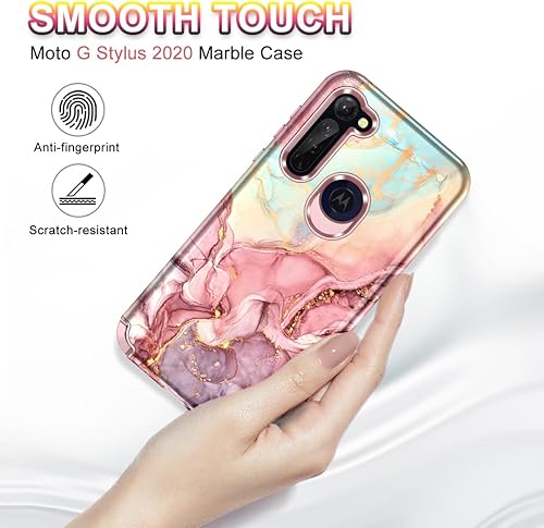 Miniatura 3 de Btscase Funda para Moto G Stylus 2020, resistente de tres capas de mármol, a prueba de golpes, cuerpo completo, policarbonato duro y TPU suave,