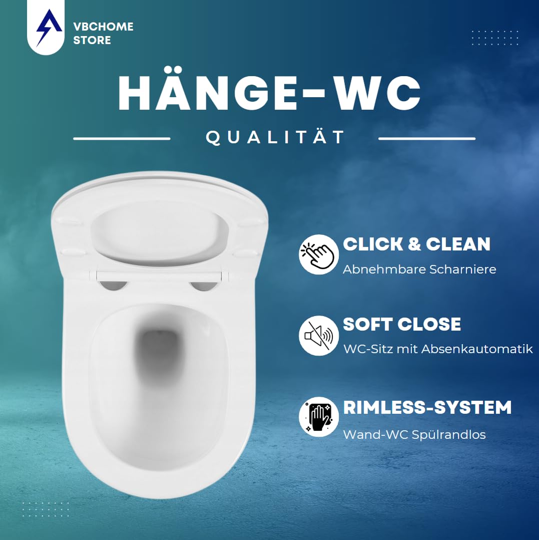 VBChome WC sospeso senza bordi in ceramica con coperchio WC WC in Duroplast abbassamento automatico Rimless SoftClose, WC ovale a forma di parete, WC