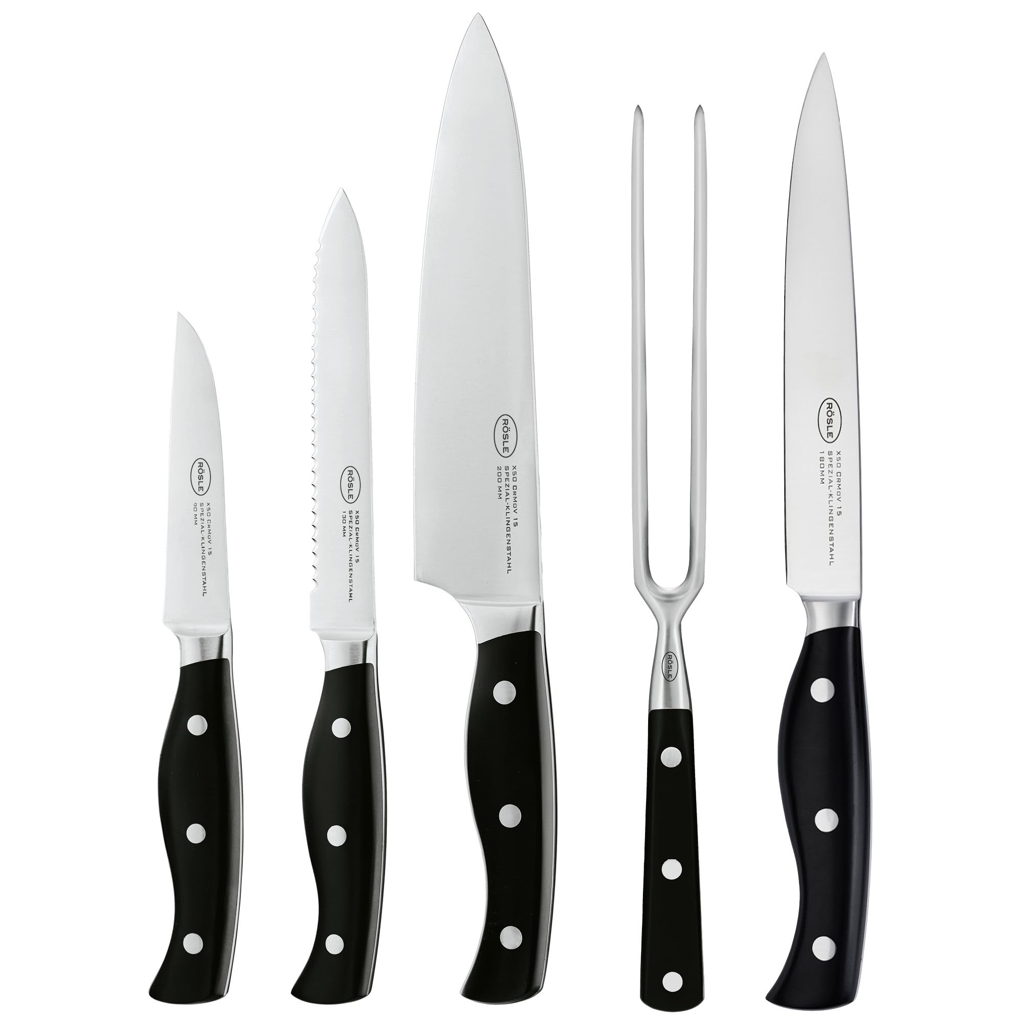 RÖSLE Messer-Set PURA inkl. Tranchiergabel 5-tlg., Kochmesser, Universalmesser, Gemüsemesser, Fleischmesser, mit scharf geschliffener Klinge aus Klingenspezialstahl, genieteter Griff