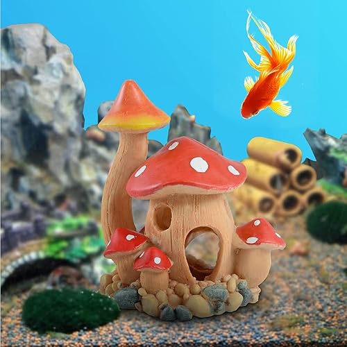 Aquarium Decorations Mushroom House Fish Tank Cave Ornament for Small Hideaway Decor Landscape Ornament for Castle Hiding Reptile Amphibian Toys Rock and Fairy Garden Decoration (Red)