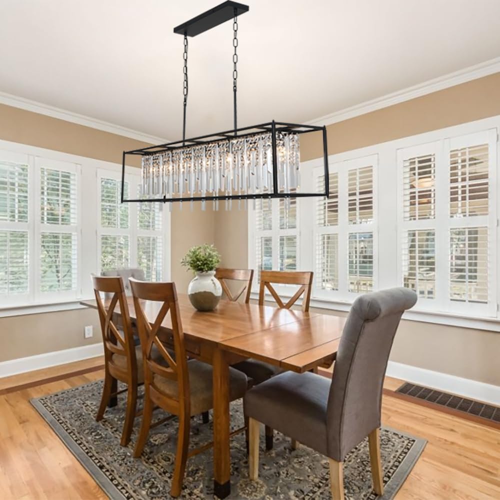Crystal Chandeliers for Dining Room, Modern Rectangle 5-Light Chandelier, Black Industrial Farmhouse Chandelier Luxury Pendant Light Fixtures for Dining Room Kitchen Living Room Bedroom-L39 Inch