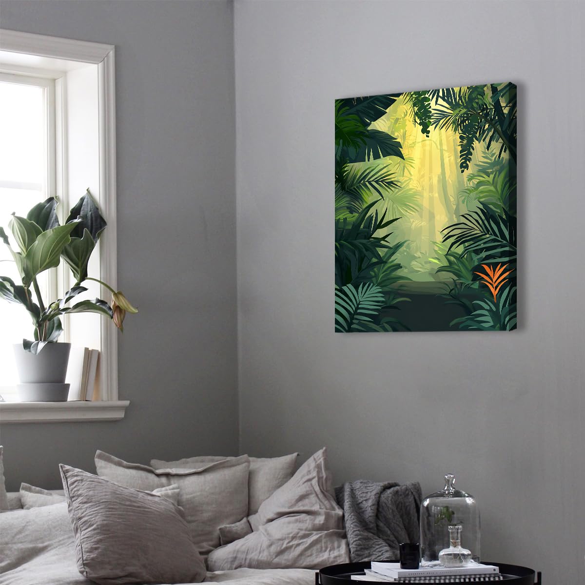 YUNART Las deszczowy świetny wystrój sztuka ścienna botaniczny las deszczowy oprawione zielone liście do salonu nowoczesna sztuka do sypialni 70x90cm rama wewnętrzna