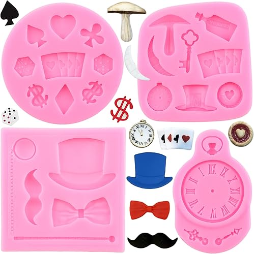 Miniatura 1 de ZiXiang Moldes de silicona para póquer, diseño de sombrero del país de las maravillas y fondant, molde para bigote y reloj, moldes de chocolate para