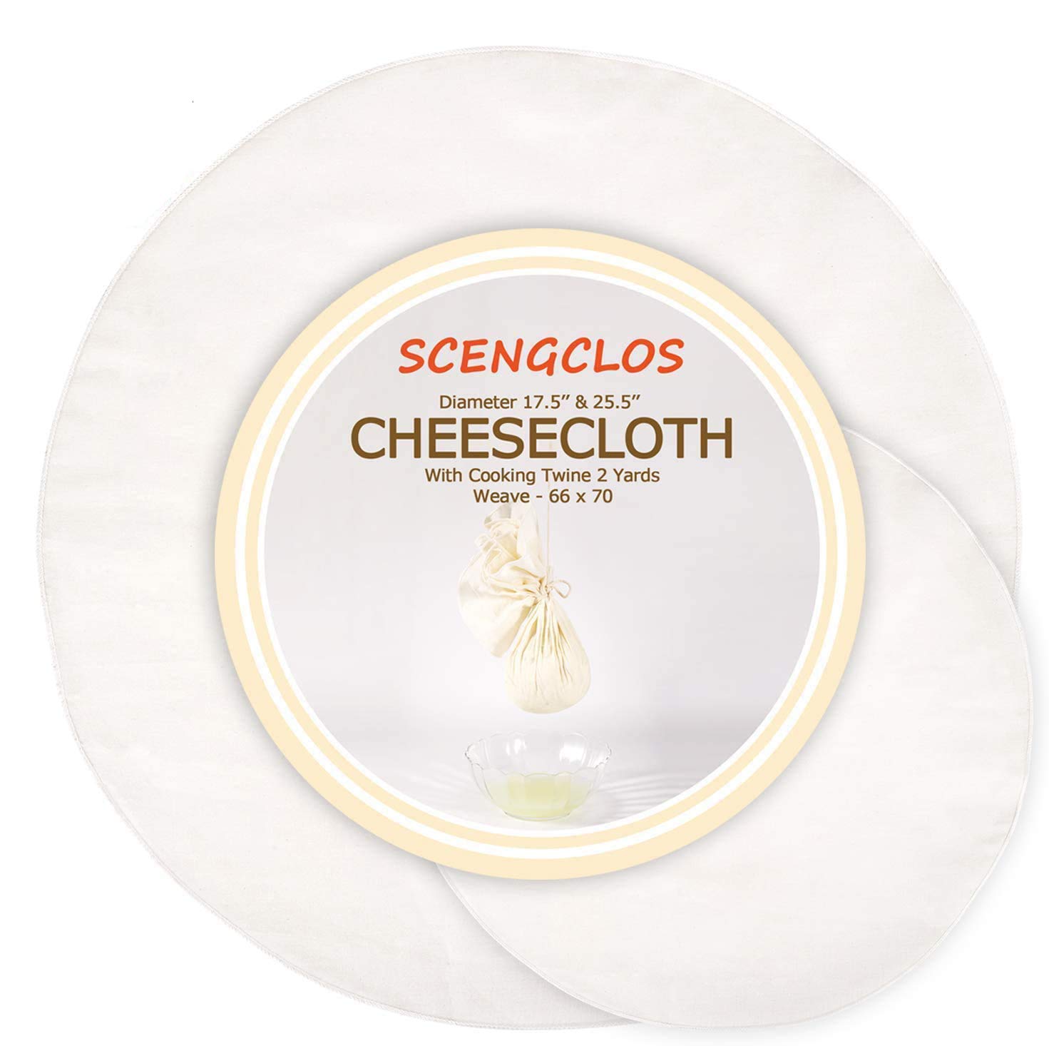 Cheesecloth, 2 Pack DIAM 17.5''&25.5'', Grade 90 Plus, 100% Unbleached Cheese Cloth Fabric for Straining, Ultra Fine Cloths for Cooking & Baking, Washable & Reusable Cotton Strainer & Filter