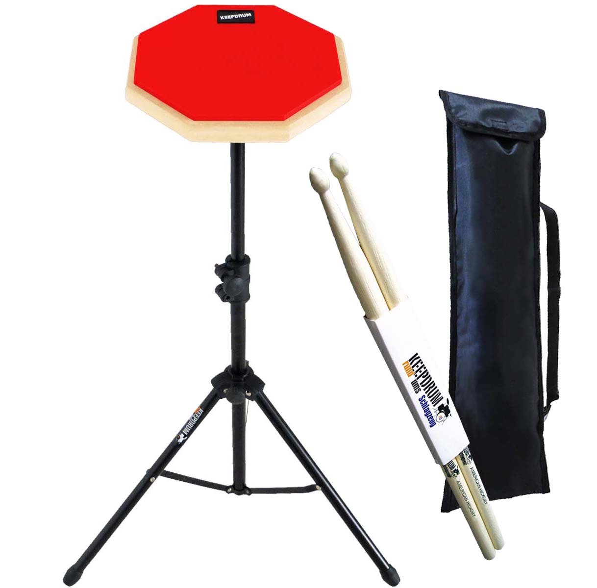 Keepdrum DP-RD Set Practice Pad Rosso con treppiede e custodia + bacchette per batteria 1 paio