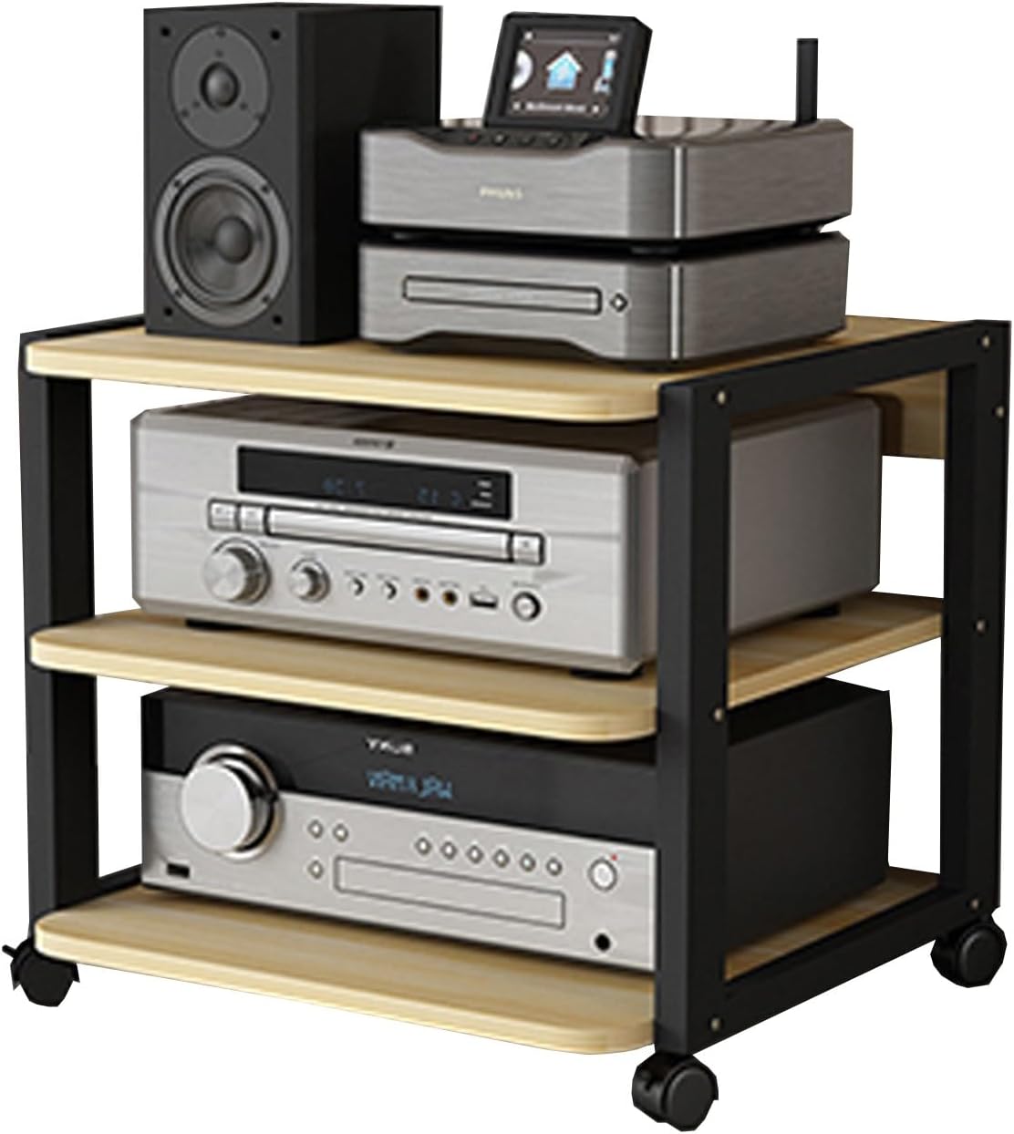 3-Tier AV Media Stand, Rack Audio Tower with Adjustable Shelves, Media Storage Cabinet Storage with Pulley, for Gaming, Meeting, Living, Recording Room(Walnut)