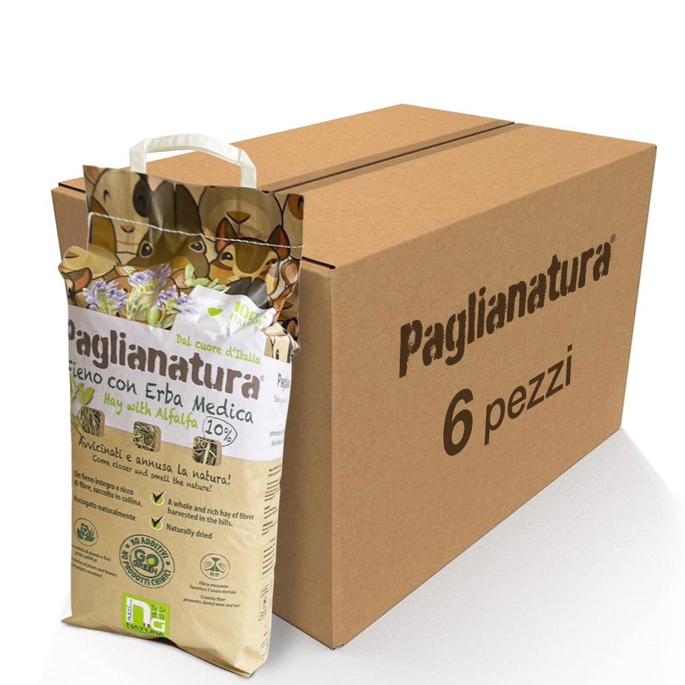 Paglianatura Zestaw 6 naturalnych worków na siano 1300 g z lucerną — żywność bogata w błonnik, białko i wapń dla królików, świnek morskich i gryzoni — 100% naturalny