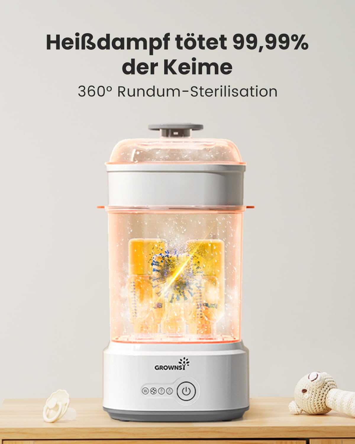 Grownsy Sterilisator für Babyflaschen mit Trocknerfunktion, 5-in-1 Dampfsterilisator Baby, Elektrischer Flaschensterilisator & Trockner, Schnell & Hygienisch, für Babyflaschen, Milchpumpen-Zubehör