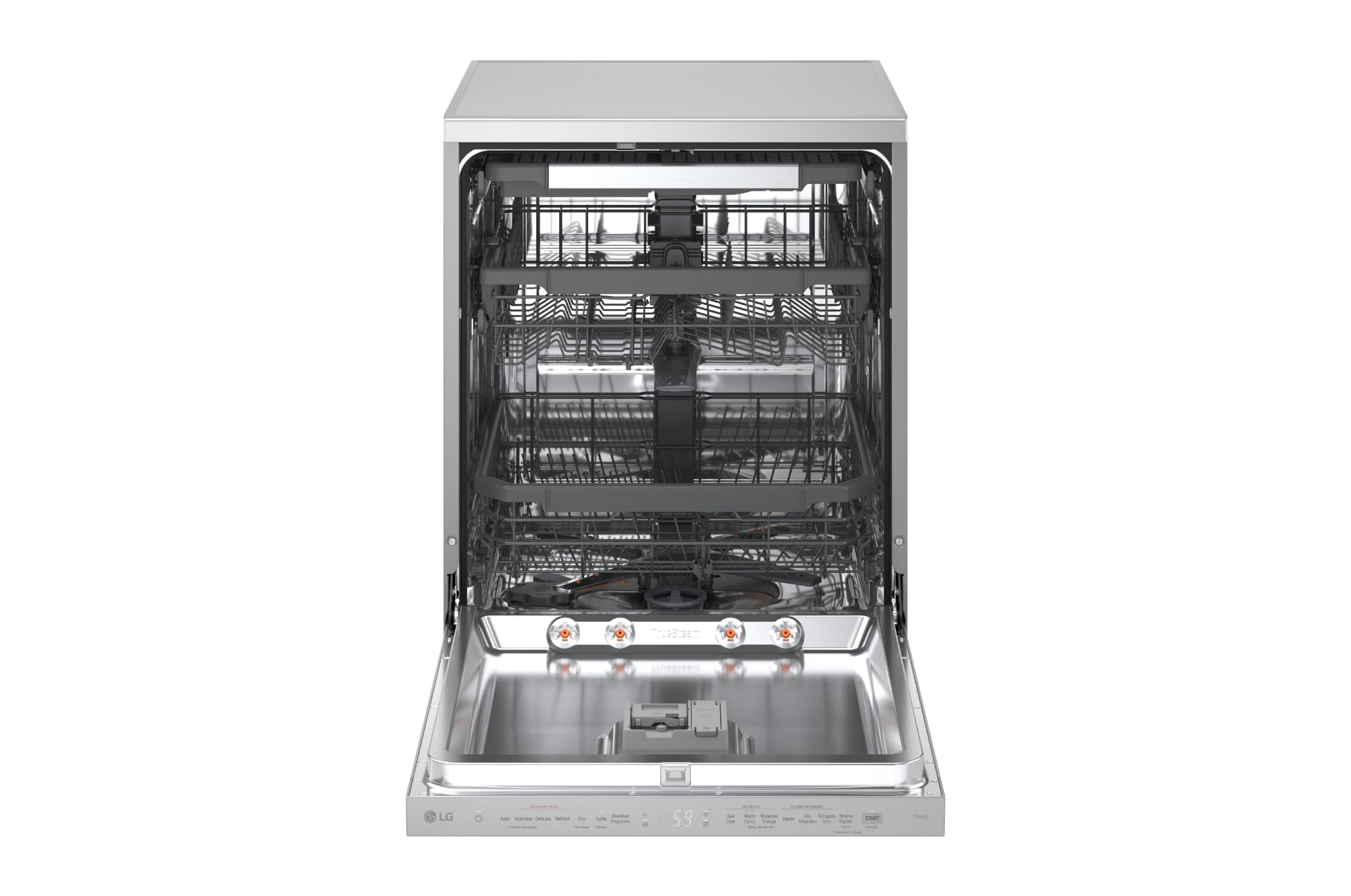 LG DF375HVS Lavastoviglie Libera Installazione Classe A, 14 Coperti, Lavaggio a Vapore TrueSteam, LED Esterno, Sistema QuadWash con 4 Bracci Irroratori, Serie 5, Auto-Apertura, 43dB, Wi-Fi, Grigia