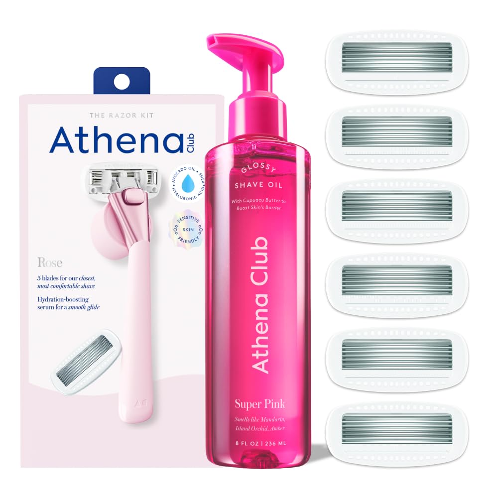 Athena Club Womens Razor Shave Kit 1 Rose Razor Handle 6 Blade Refills Super Pink Glossy Shave Oil