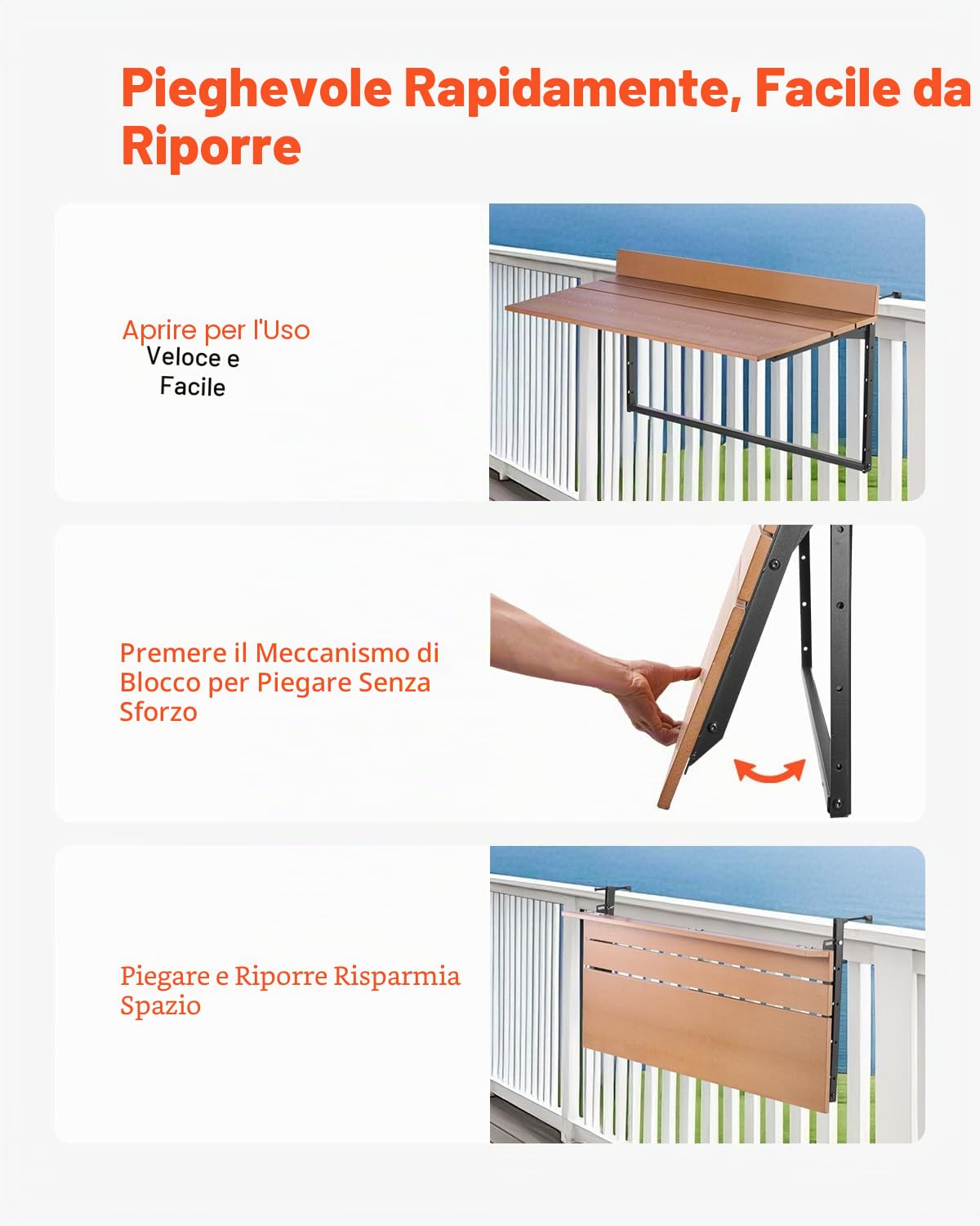 VEVOR Tavolo Sospeso per Balcone Pieghevole per Ringhiera del Balcone da 1000 x 485 x 480 mm, Tavolo da Bar all'Aperto in Acciaio Inox per Ringhiere, Regolabile su 5 Livelli Altezza