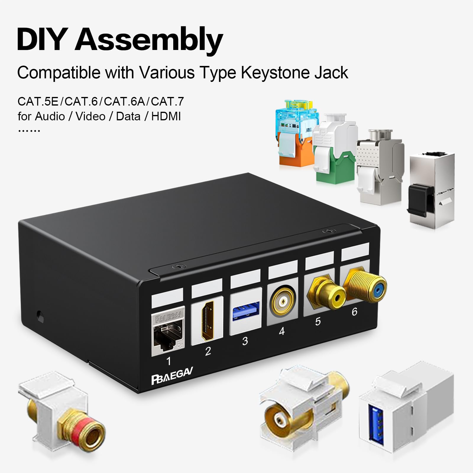 Pannello patch a 6 porte Keystone Network Blank Patch Panel UTP/STP compatibile con jack Keystone LC/SC/ST/FC/USB/HDMI, per scatola di terminazione Ethernet domestica da scrivania (1U 6 porte)
