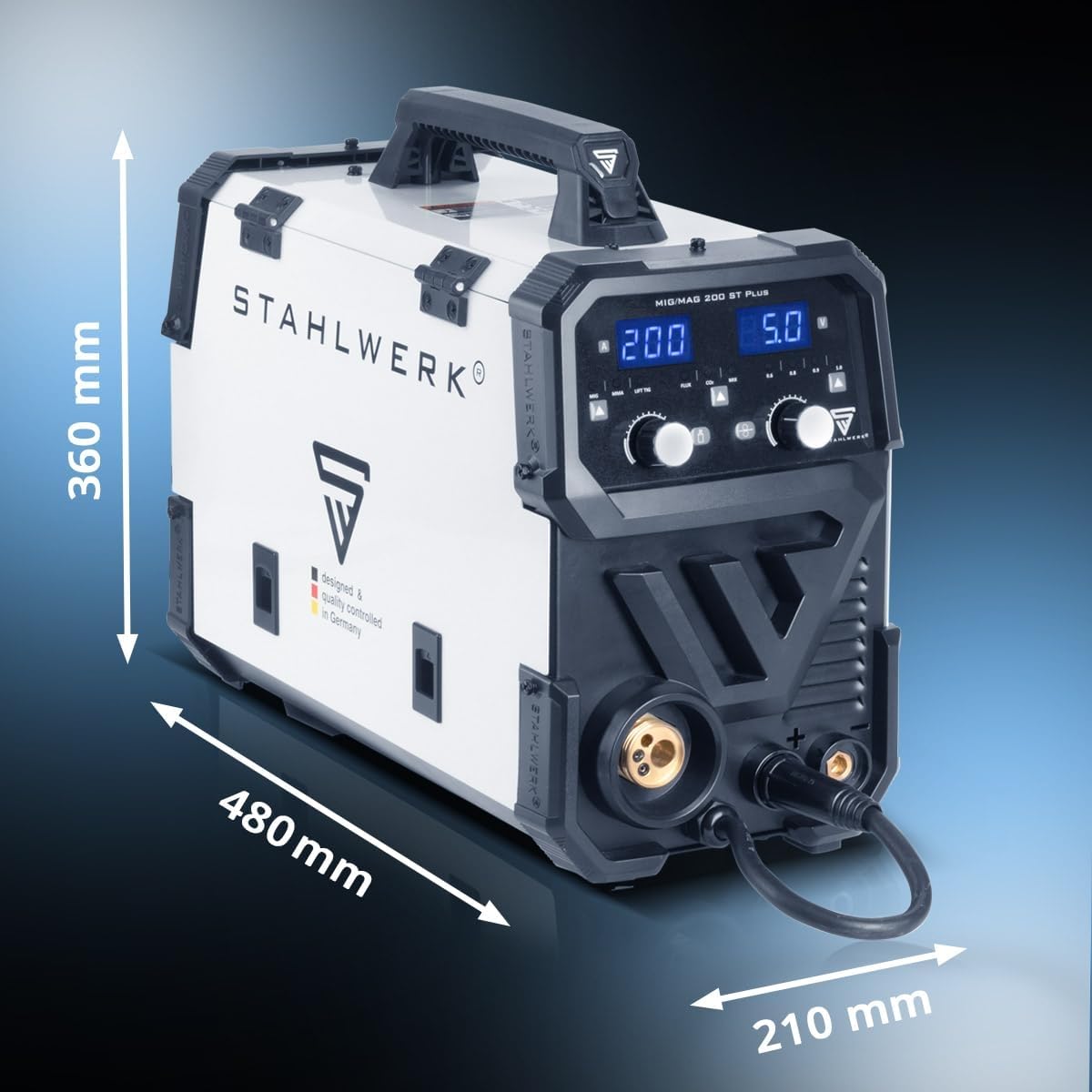 STAHLWERK Poste à souder MIG/MAG 200 ST – Inverter IGBT 200 A, poste sous gaz avec dévidage synergique, compatible FLUX (fil fourré), fonctionnel Lift-TIG & MMA (ARC)