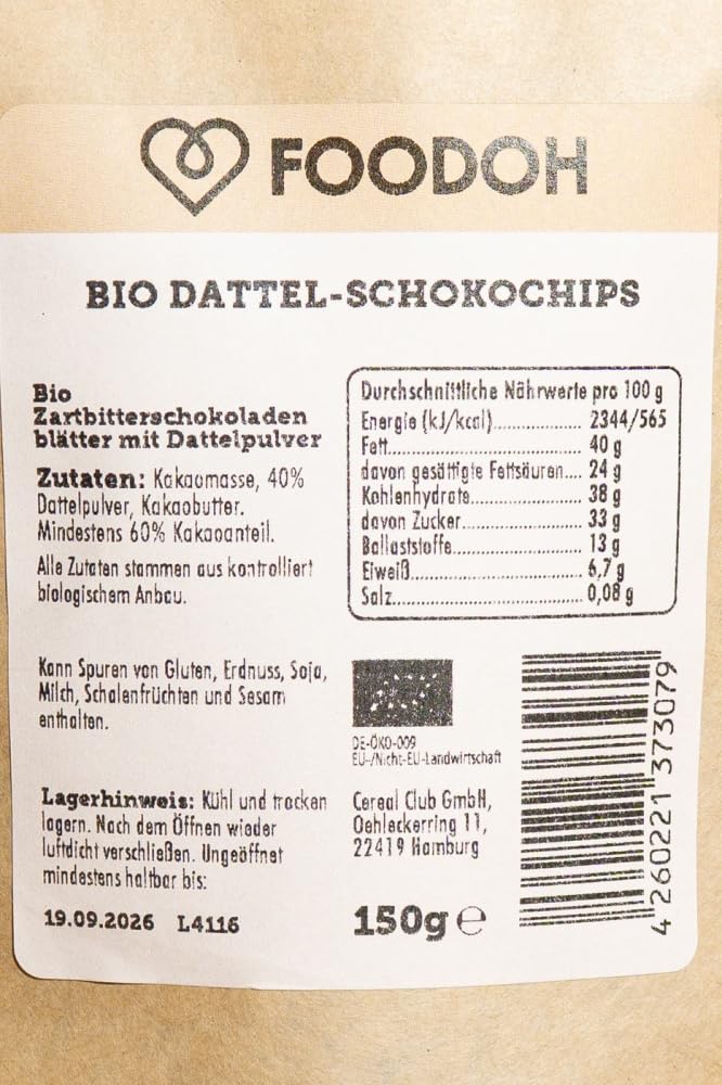 Bio Dattel-Schokochips Zartbitter | 60% Kakao | nur mit Dattel gesüßt | vegan | bio