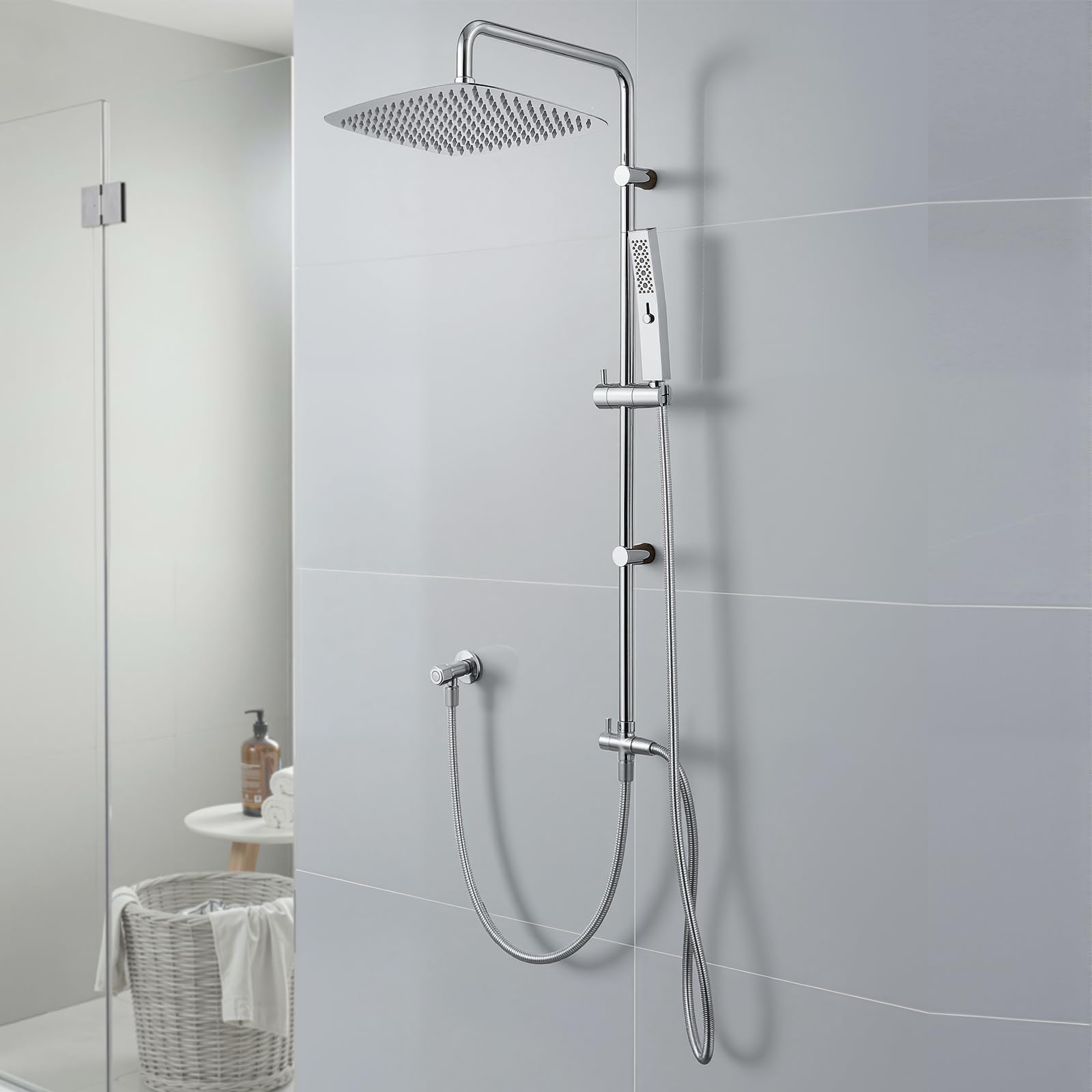 Ganzmetall-Duschsystem mit 35 cm Regendusche | 2-Strahl-Handbrause mit Power-Strahl, an vorhandene Bohrlöcher anpassbar, korrosionsbeständig, ohne Armatur, Chrom