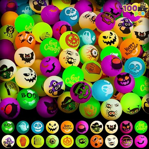 JOYIN 100 PCS Halloween Glow in The Dark Bouncing Balls, 20 Desig...