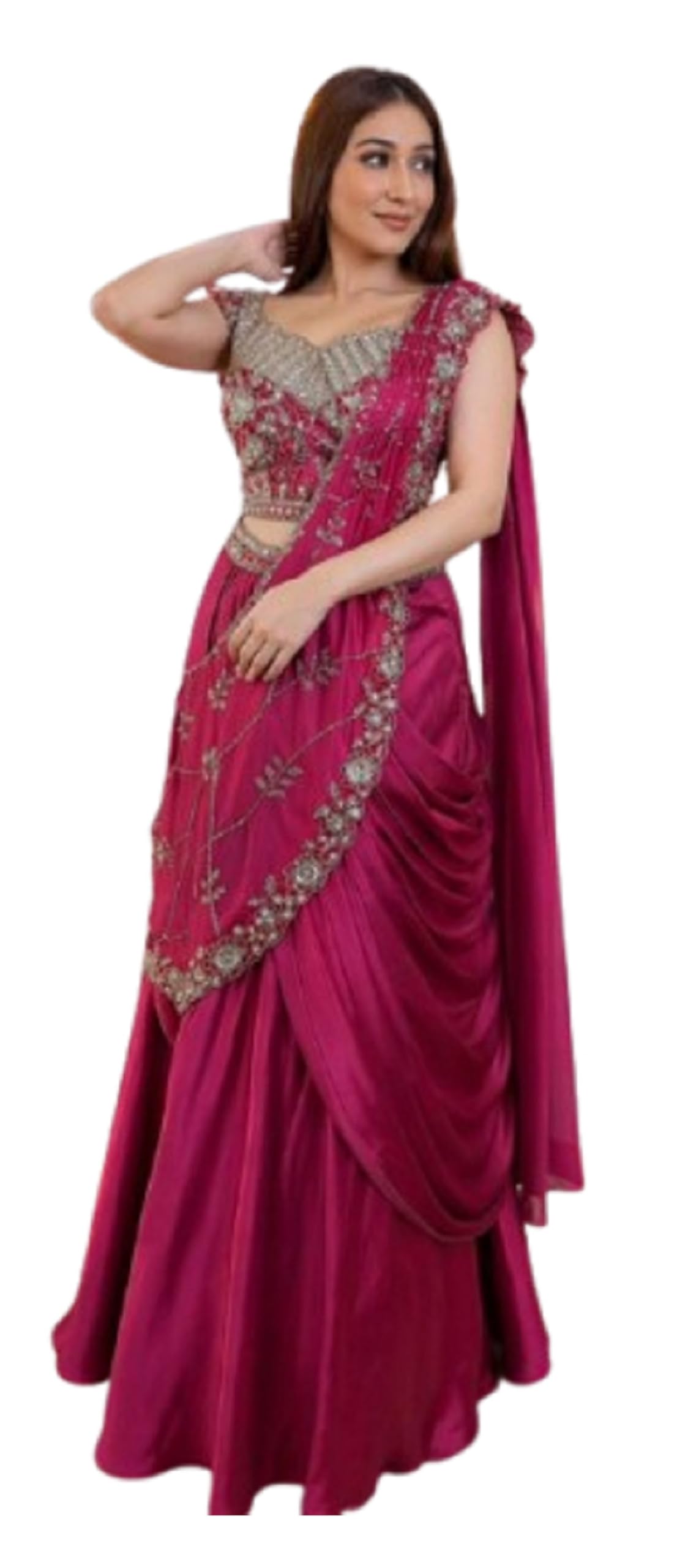 Ready To Wear Indo Western Drape Saree & Koti Set For Womens Bollywood Style Satin Creap Silk fabric With Multicolor Embrodery Cording Sequance Work Pink Colour-image-42