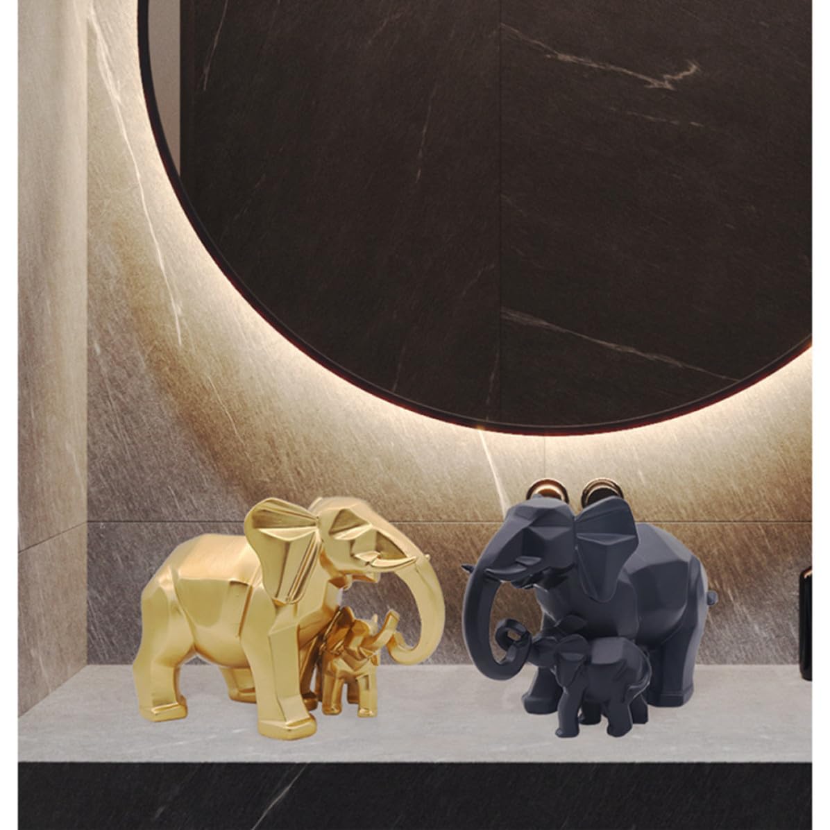 UKCOCO Adorno de Elefante de Resina Dorada Figura Geométrica de Familia de Elefantes Escultura Decorativa Delicada para Hogar Oficina y Jardín
