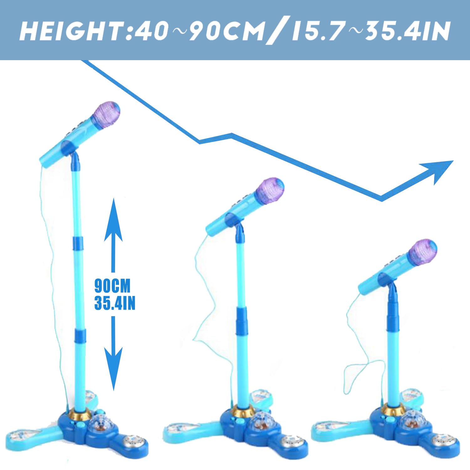 Máquina de karaoke para niños con soporte ajustable, micrófono para niños, música cantando junto con luz intermitente de escenario y pedales, regalo para niños (azul) 3