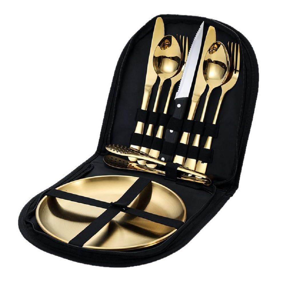 Set di posate da campeggio da 10 pezzi in acciaio inox con coltello, forchetta, cucchiaio + piatto – pieghevole per barbecue, picnic e viaggi (confezione da 20 pezzi Peso singolo: 1,6 kg, misura