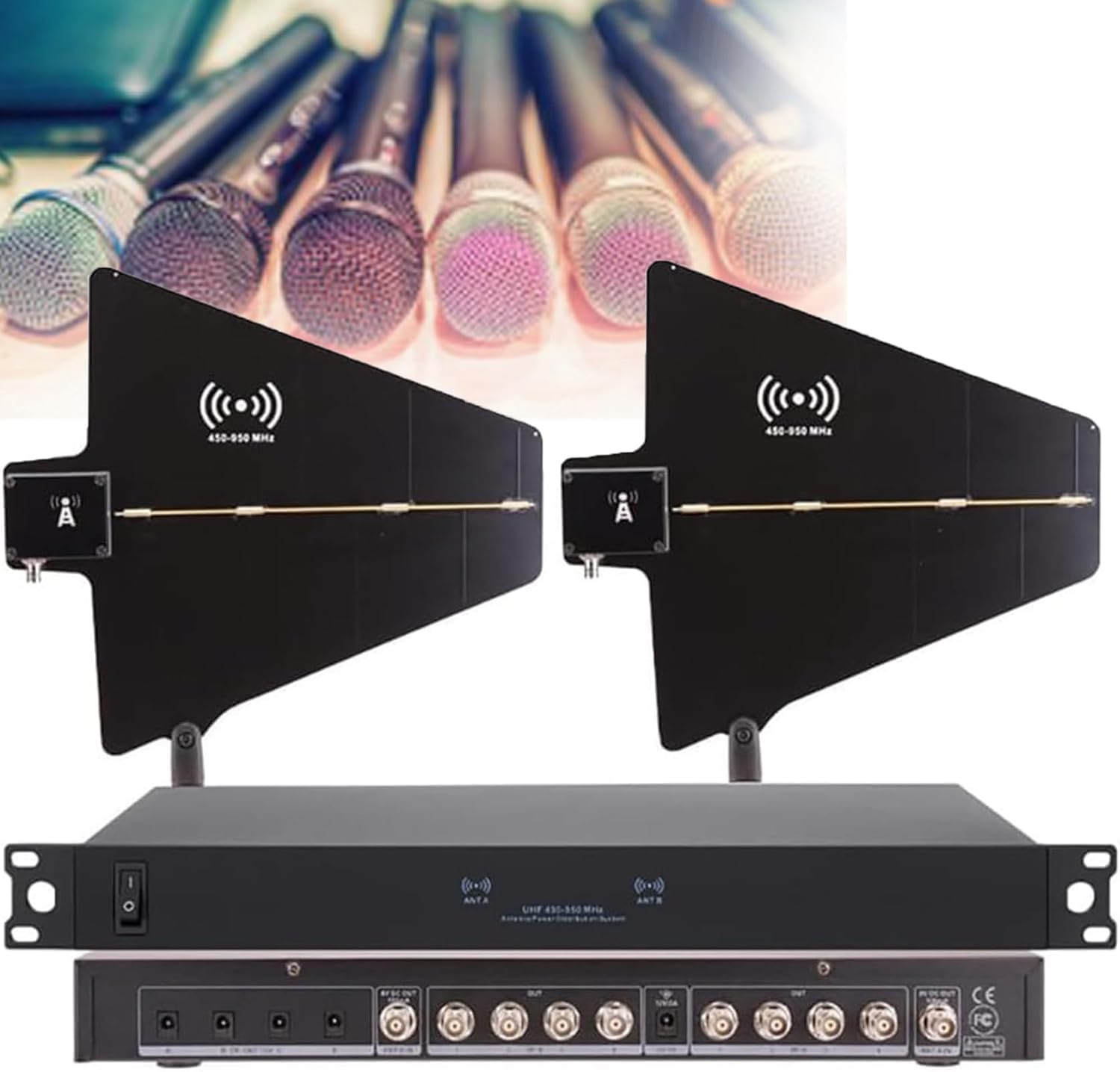 Amplificatore di segnale microfono wireless, antenna direzionale attiva, 8 uscite + 2 porte a cascata, gamma di frequenza 400-950 MHz, copre una distanza di segnale di 1000 m